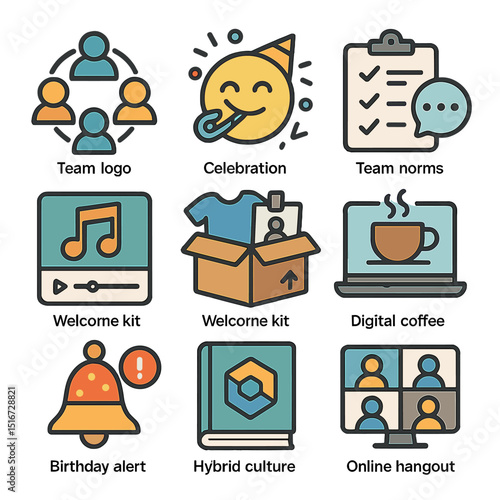 Hybrid Team Icons. Flat icon set of hybrid team culture: team logo, celebration emoji, team norms icon, shared