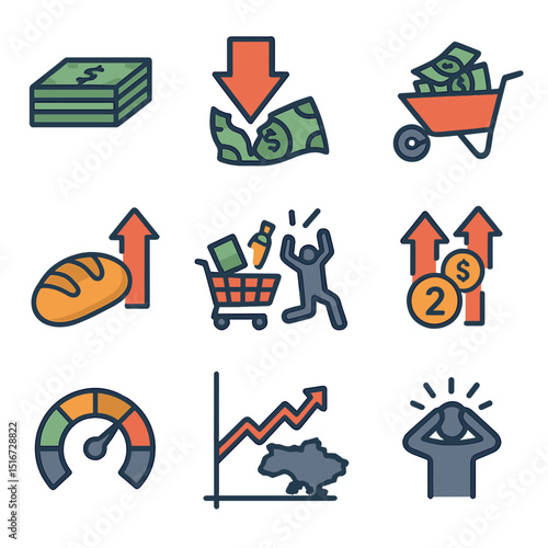 Hyperinflation Icons Grid. Flat icon set of hyperinflation scenarios: banknote stack, currency collapse,