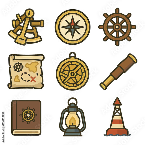 Maritime Icons Grid. Flat icon set of maritime navigation history: sextant, compass rose, ship wheel, old