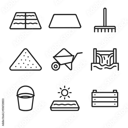 Sea Salt Icon Set. Outline icon set of sea salt harvesting: salt pans, evaporation pond, wooden rake, salt mound, harvesting