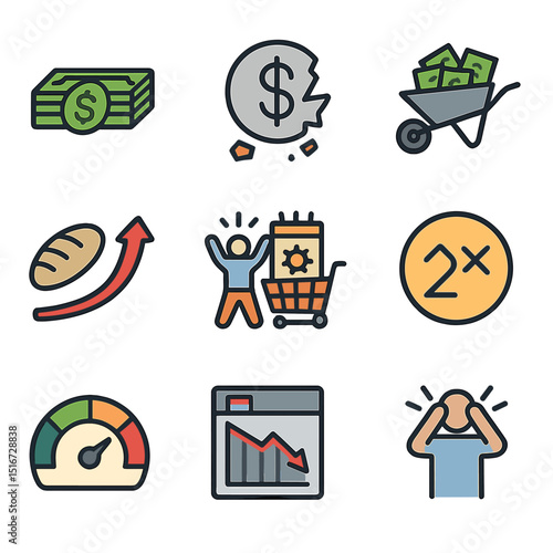 Hyperinflation Icons Grid. Flat icon set of hyperinflation scenarios: banknote stack, currency collapse,