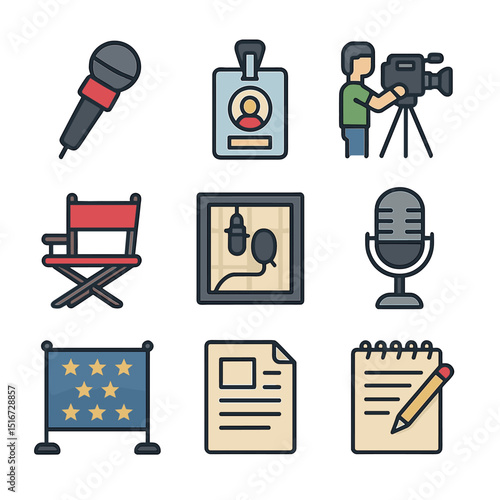 Media Icons Grid. Flat icon set of celebrity interviews and media: microphone, press badge, camera crew,