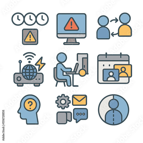 Hybrid Work Challenges Icons. Flat icon set of hybrid work challenges: time zone clocks, tech issue alert,