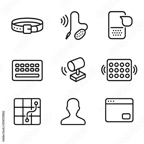 Sensory Substitution Icons. Outline icon set of sensory substitution tools: tactile belt, auditory-to-tactile converter,