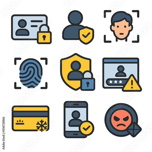 Identity Security Icons. Flat icon set of identity protection: ID lock, user profile security, facial