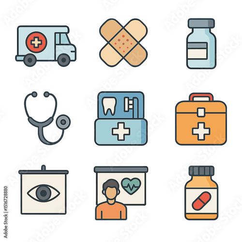 Medical Aid Icons. Flat icon set of health and medical aid projects: mobile clinic van, bandage icon, vaccine