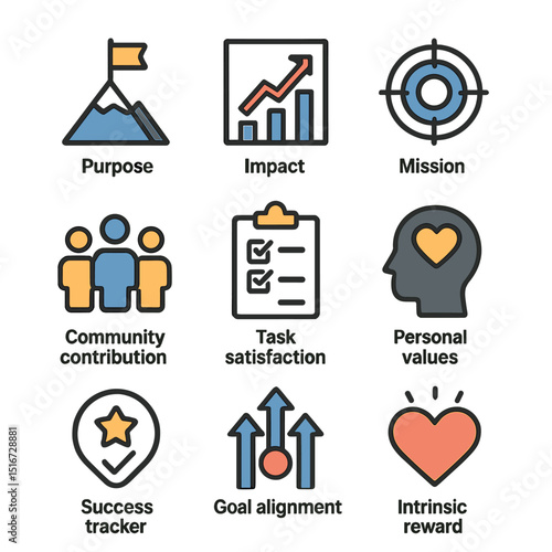 Meaningful Work Icons. Flat icon set of meaningful work: purpose icon, impact chart, mission alignment target,