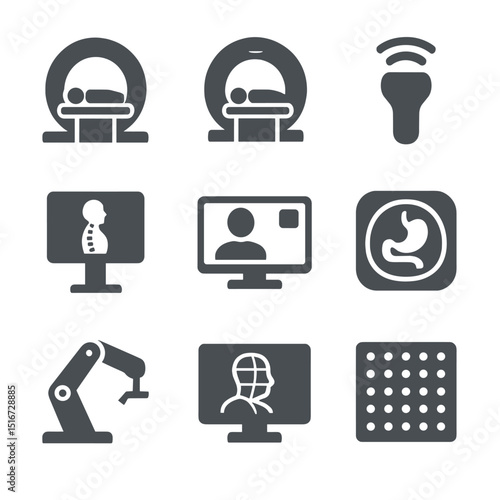 Medical Imaging Icons. Flat icon set of medical imaging for robotic surgery: CT scan, MRI icon, ultrasound