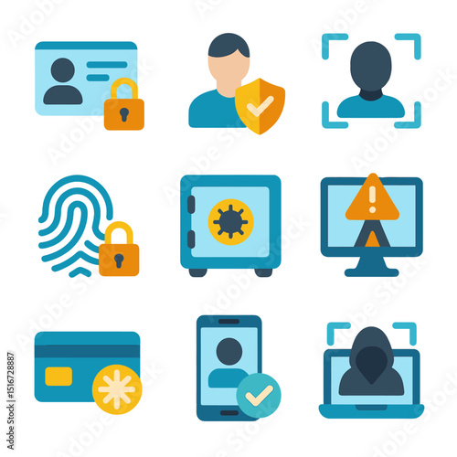 Identity Security Icons. Flat icon set of identity protection: ID lock, user profile security, facial