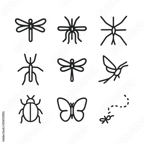 Swamp Insect Icons. Outline icon set of swamp insects: dragonfly, mosquito, water strider, stick insect, damselfly, mayfly, beetle