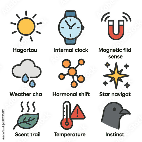 Migratory Signals Icons. Flat icon set of migratory signals: daylight cue, internal clock icon, magnetic field