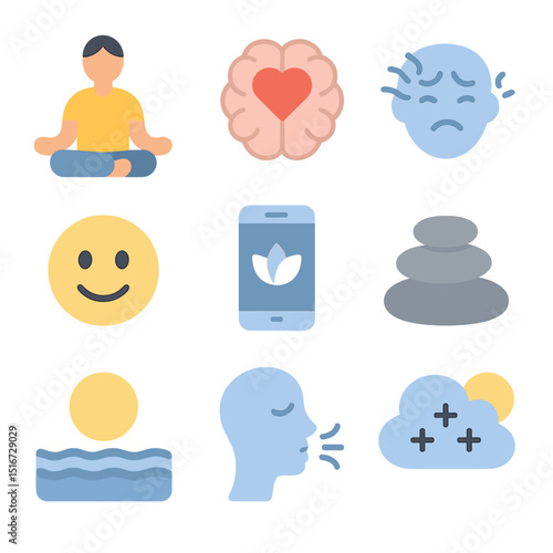 Mental Health Icons. Flat icon set of mental health benefits: meditating person, brain with heart, stress