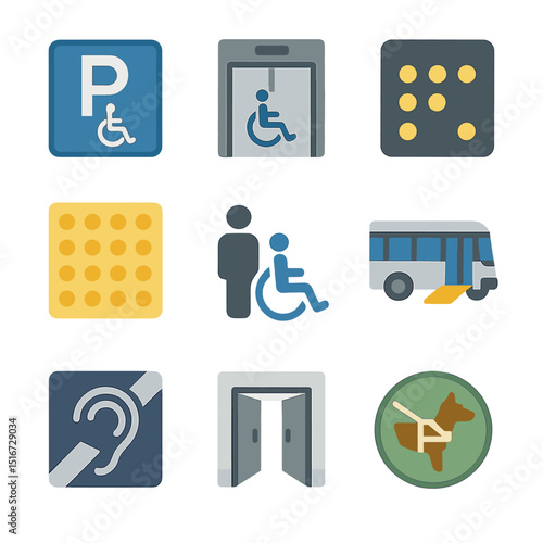 Inclusive Infrastructure Icons. Flat icon set of inclusive public infrastructure: accessible parking sign,