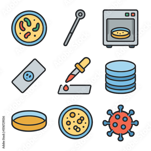 Microbiology Icon Set. Flat icon set of microbiology experiments: bacteria culture, inoculation loop,