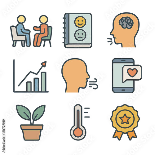 Mental Health Icons. Flat icon set of mental health support tools: therapy session icon, mood journal, anxiety