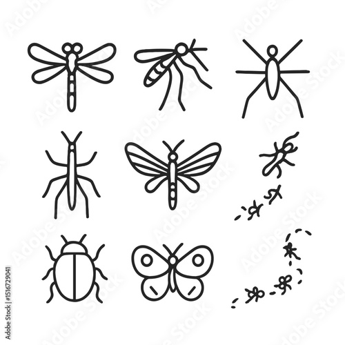 Swamp Insect Icons. Outline icon set of swamp insects: dragonfly, mosquito, water strider, stick insect, damselfly, mayfly, beetle