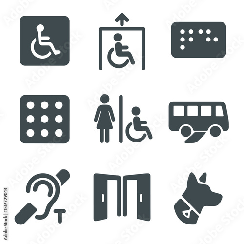 Inclusive Infrastructure Icons. Flat icon set of inclusive public infrastructure: accessible parking sign,