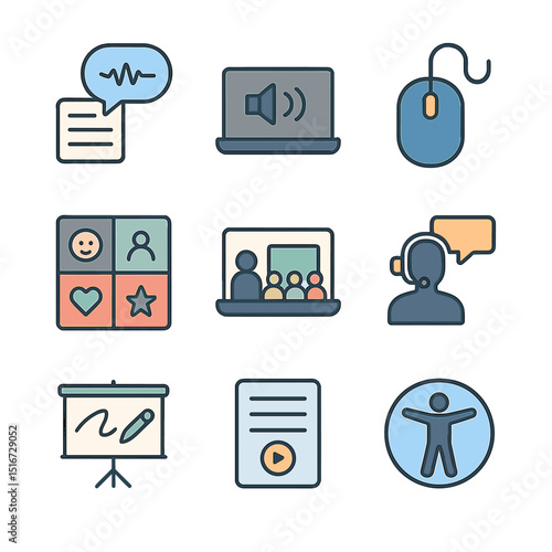 Inclusive Learning Icons. Flat icon set of digital tools for inclusive learning: speech-to-text software,