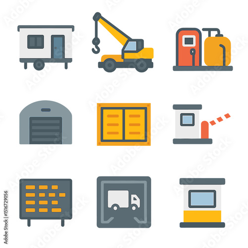 Mine Site Icons. Flat icon set of mine site logistics hubs: site office trailer, mobile crane, fuel station,