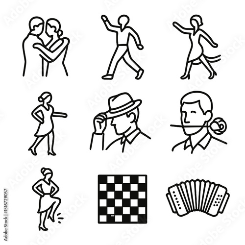 Tango Icon Set. Outline icon set of tango partner work: close embrace, sharp foot flick, boleo swirl, ocho pivot, hat tip, rose in