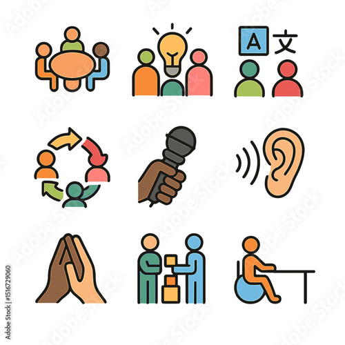 Inclusive Meeting Icons. Flat icon set of inclusive meetings and collaboration: roundtable icon, inclusive