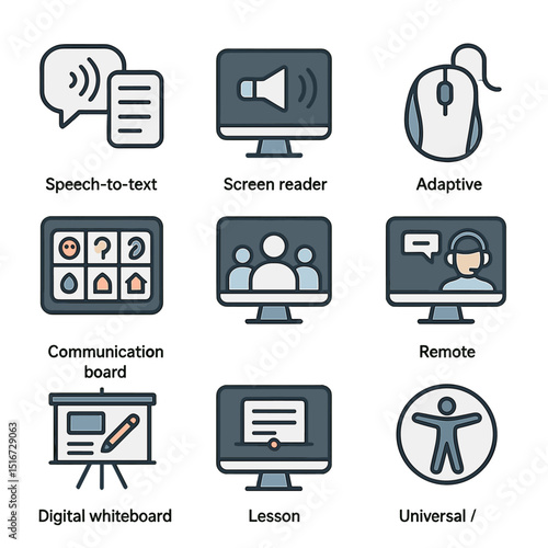 Inclusive Learning Icons. Flat icon set of digital tools for inclusive learning: speech-to-text software,