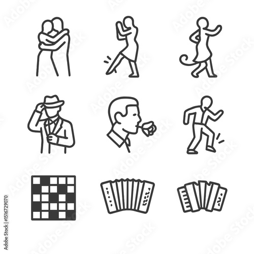 Tango Icon Set. Outline icon set of tango partner work: close embrace, sharp foot flick, boleo swirl, ocho pivot, hat tip, rose in