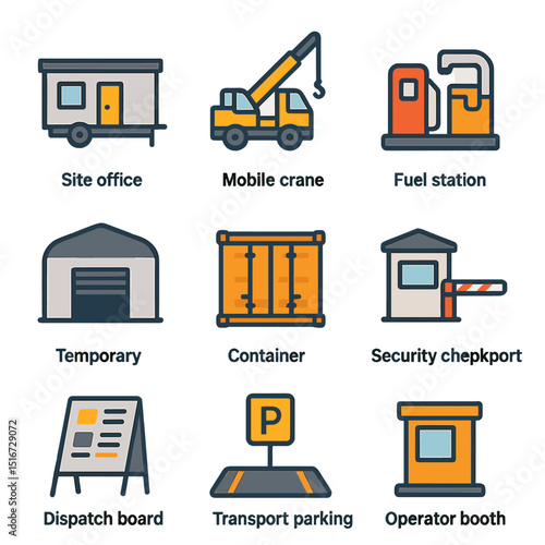 Mine Site Icons. Flat icon set of mine site logistics hubs: site office trailer, mobile crane, fuel station,