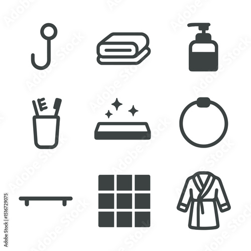 Minimal Bathroom Icons. Flat icon set of minimal bathroom details: plain hook, folded towel, soap pump,