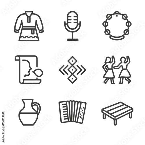 Traditional Folk Icon Set. Outline icon set of traditional folk singing: folk costume, acoustic microphone, tambourine, ethnic