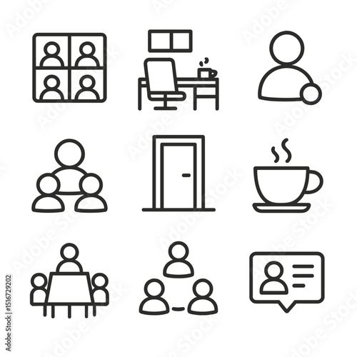 Virtual Coworking Icons. Outline icon set of virtual coworking spaces: video chat grid, office background, presence indicator dot,