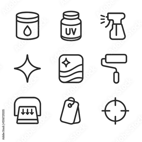 Varnish Effects Icons. Outline icon set of varnish effects: aqueous varnish can, UV varnish pot, spray nozzle, gloss sheen, satin