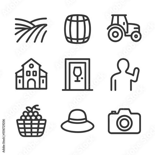 Vineyard Experience Icons. Outline icon set of vineyard tour experience: rolling vine rows, wine barrel, tractor, winery building,