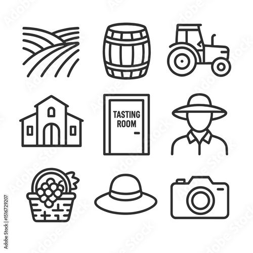 Vineyard Experience Icons. Outline icon set of vineyard tour experience: rolling vine rows, wine barrel, tractor, winery building,