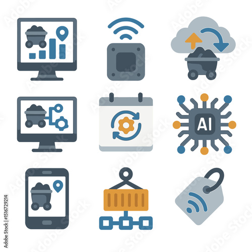 Mining Tech Icon Set. Flat icon set of mining supply chain technology: digital logistics dashboard, IoT sensor
