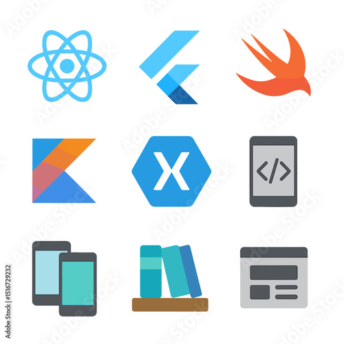 Mobile Framework Icons. Flat icon set of mobile code frameworks: React Native icon, Flutter logo, Swift