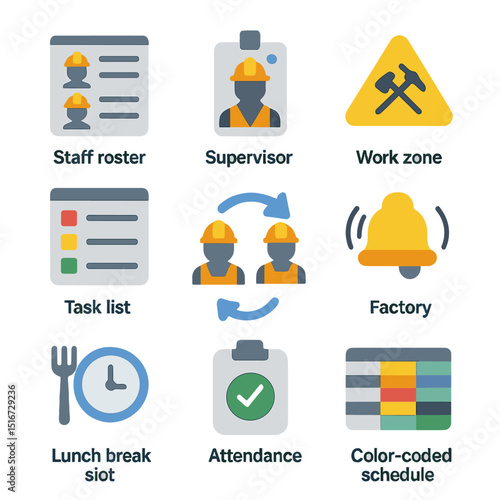 Industrial Workforce Icons. Flat icon set of industrial workforce management: staff roster, supervisor badge,
