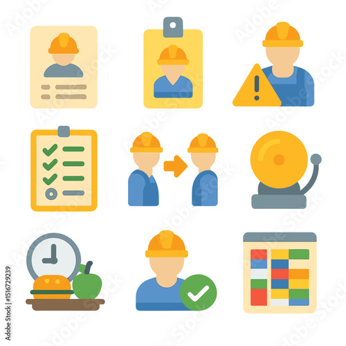 Industrial Workforce Icons. Flat icon set of industrial workforce management: staff roster, supervisor badge,
