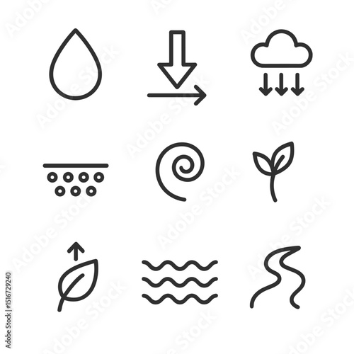 Water Cycle Icons. Outline icon set of water cycle integration: precipitation drop, runoff arrow, infiltration icon, groundwater