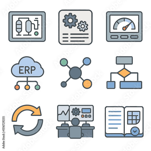 Industrial Software Icons Grid. Flat icon set of industrial software systems: SCADA screen, MES system icon,