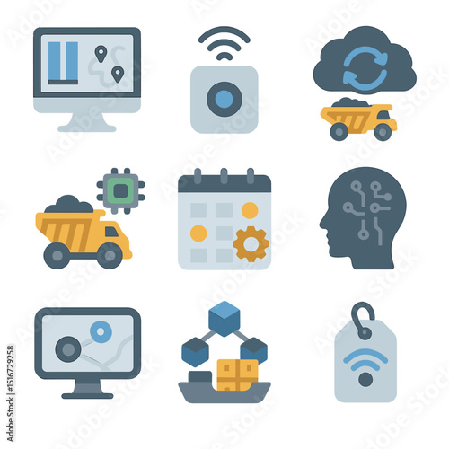 Mining Tech Icon Set. Flat icon set of mining supply chain technology: digital logistics dashboard, IoT sensor