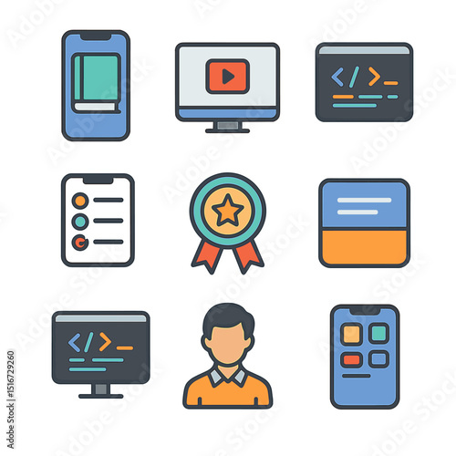 Mobile Learning Icons. Flat icon set of learning mobile programming: smartphone with book, tutorial video icon