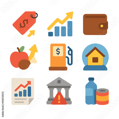 Inflation Icon Set. Flat icon set of inflation indicators: rising price tag, upward arrow graph, shrinking