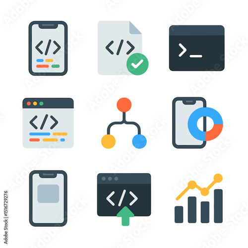 Mobile Programming Tools. Flat icon set of mobile programming tools: code editor app, syntax checker, command