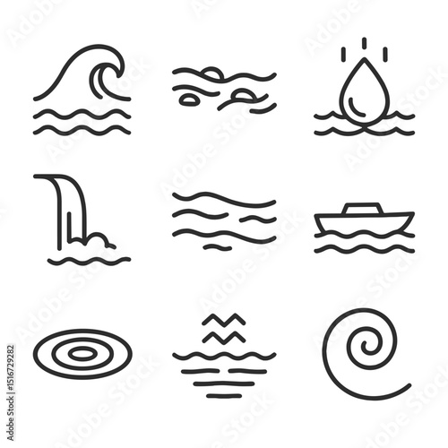 Water Movement Icons. Outline icon set of water movement timelapses: ocean wave, river current, raindrop, waterfall, tidal line,