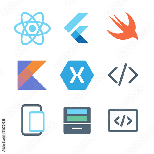 Mobile Framework Icons. Flat icon set of mobile code frameworks: React Native icon, Flutter logo, Swift