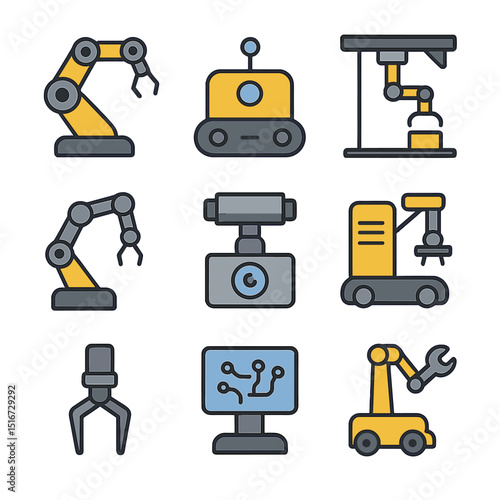 Industry 4.0 Robotics Icons. Flat icon set of robotics in Industry 4.0: robotic arm, mobile robot,