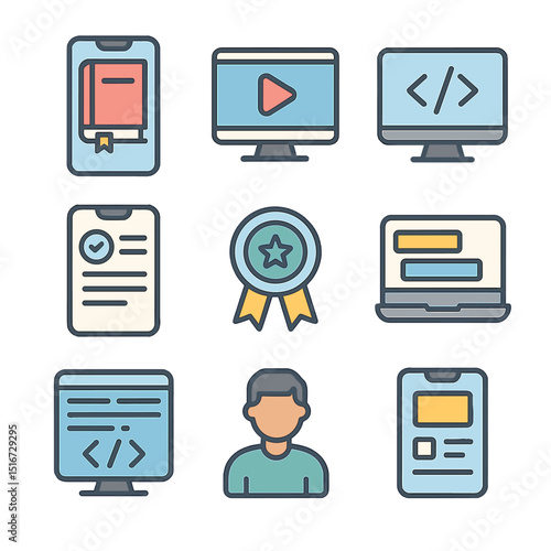 Mobile Learning Icons. Flat icon set of learning mobile programming: smartphone with book, tutorial video icon