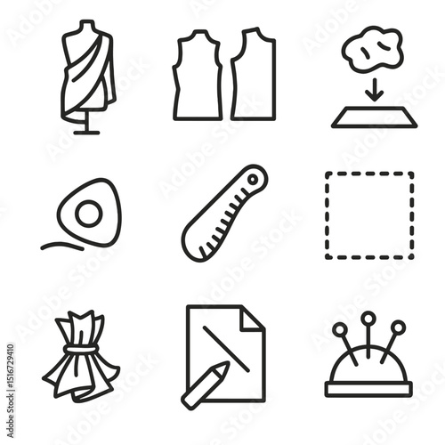 Zero-Waste Sewing Icons. Outline icon set of zero-waste pattern making: draping cloth, pattern pieces, waste-to-fabric arrow,