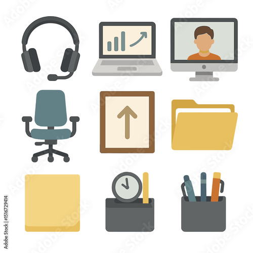 Modern Office Icon Set. Flat icon set of modern office essentials: wireless headset, laptop with charts, video